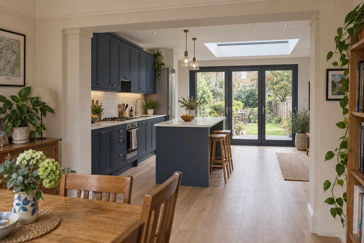 AI-generated illustration of completed illustrative kitchen and dining room viewed from the original interior viewpoint.