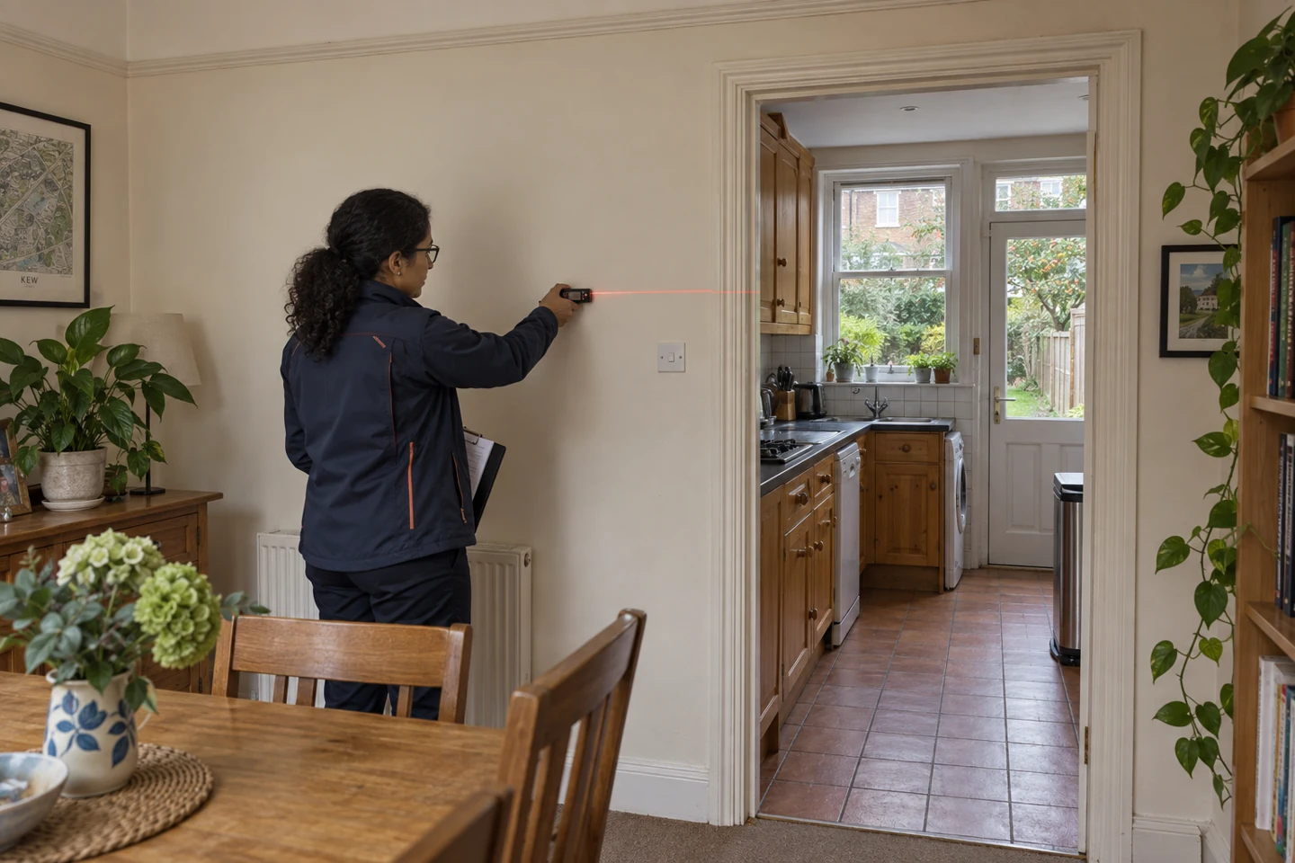AI-generated illustration of engineer measuring the existing wall and doorway before alteration.