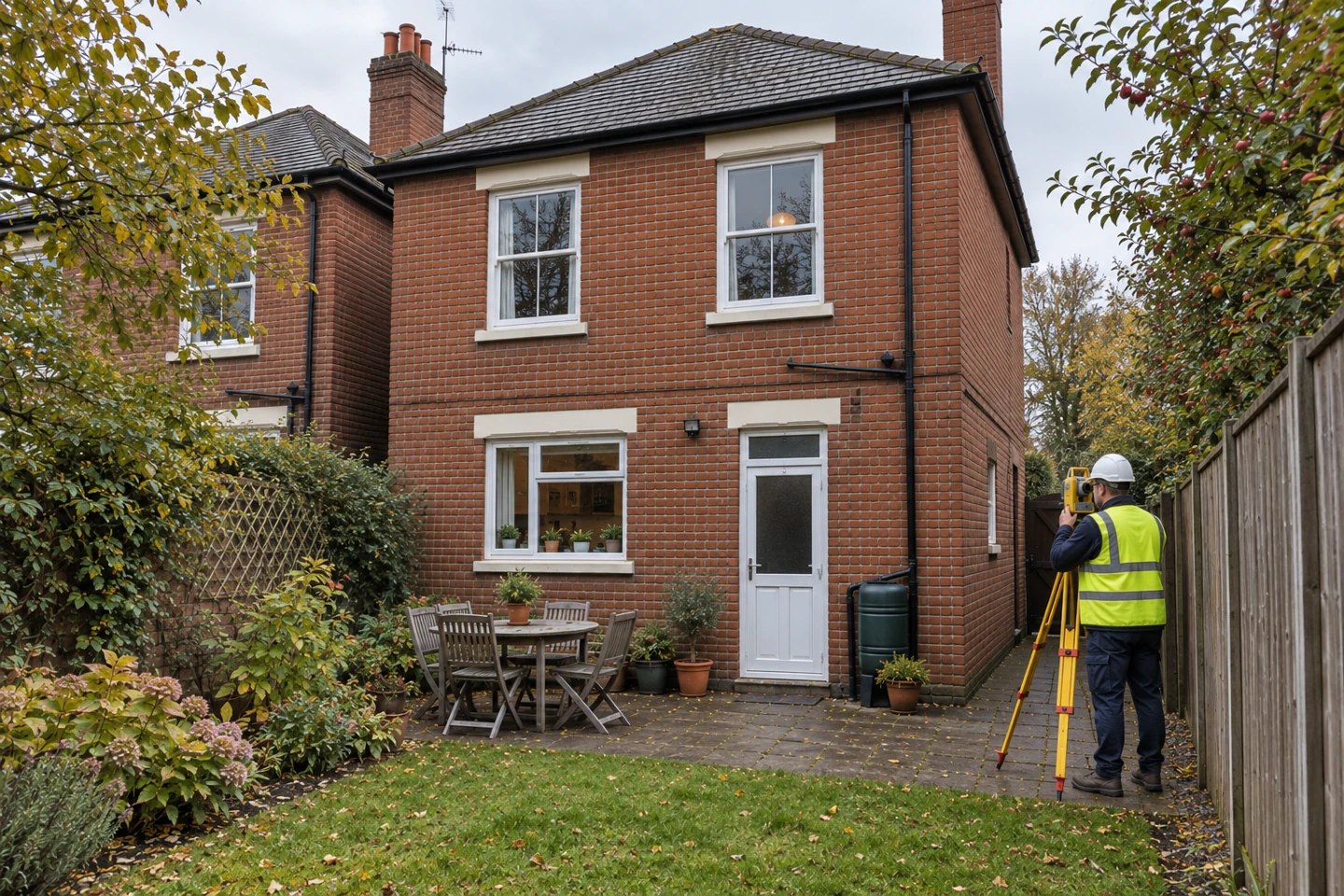 AI-generated illustration of surveyor recording the existing exterior with a tripod-mounted instrument.